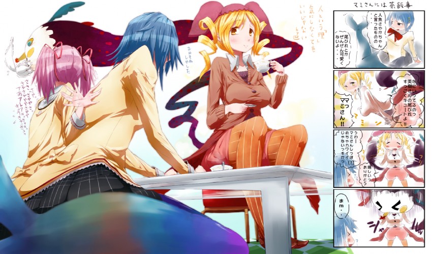 kaname madoka, miki sayaka, tomoe mami, kyubey, charlotte, and 1 more (mahou shoujo madoka magica) drawn by tandemu
