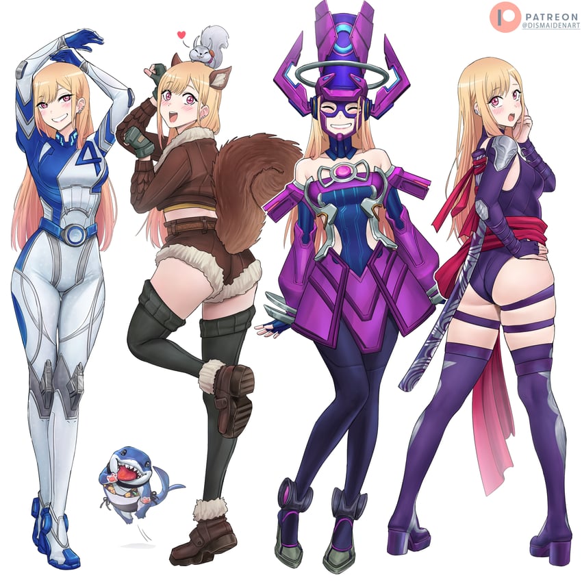 kitagawa marin, psylocke, sue storm, squirrel girl, jeff the land shark, and 1 more (marvel and 4 more) drawn by dismaiden