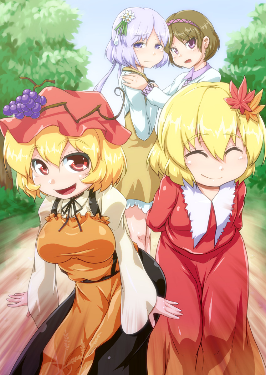 aki minoriko, aki shizuha, tsukumo benben, and tsukumo yatsuhashi (touhou) drawn by waribashi-p
