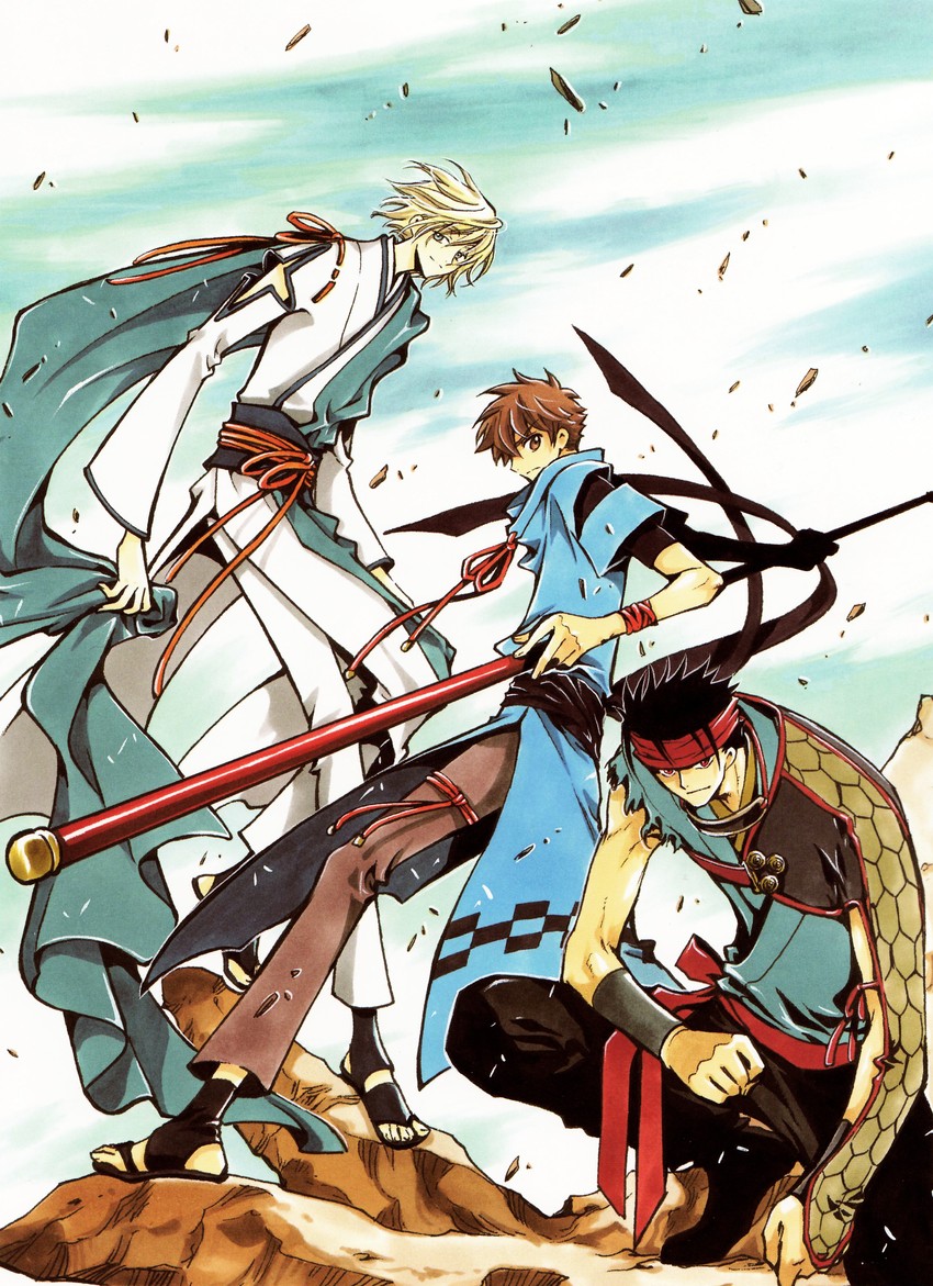 xiaolang, fai d. flowright, and kurogane (tsubasa chronicle) drawn by clamp_(circle)