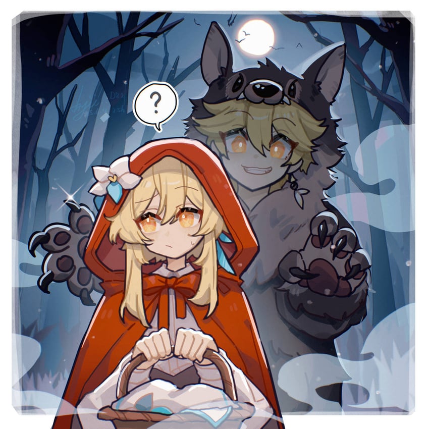 lumine, aether, little red riding hood, and big bad wolf (genshin impact and 1 more) drawn by ayiiiyiii