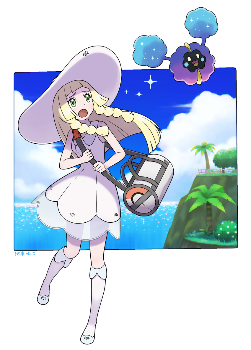 lillie and cosmog (pokemon and 1 more) drawn by yuko666