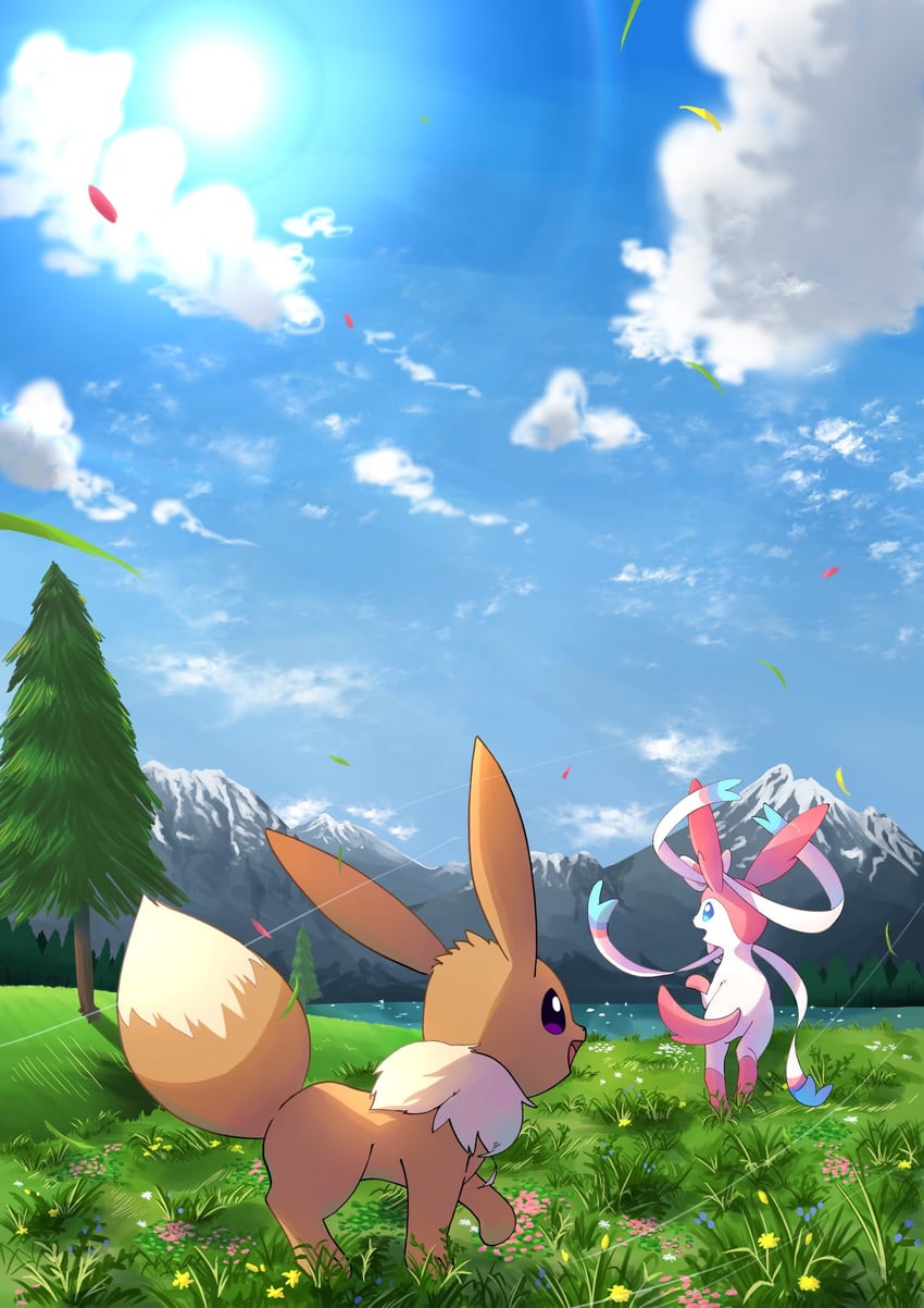 eevee and sylveon (pokemon) drawn by sato_(i_cant_do_it)