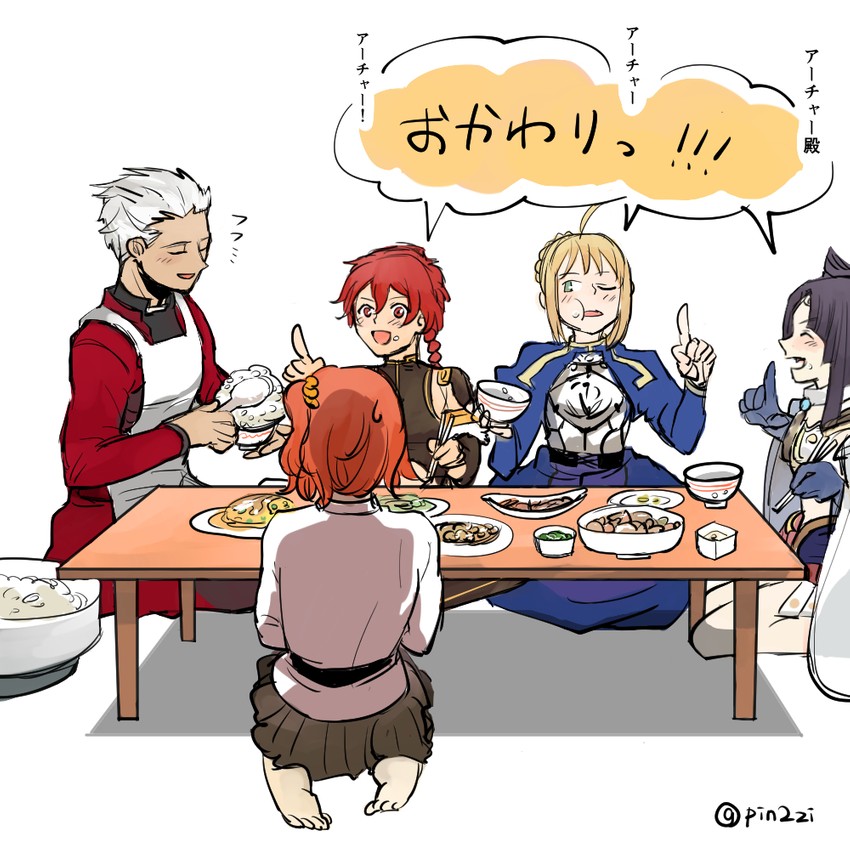 artoria pendragon, saber, fujimaru ritsuka, archer, ushiwakamaru, and 1 more (fate and 1 more) drawn by pichan_(pin2zi)