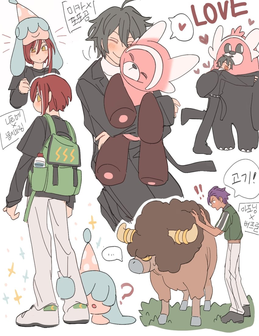 kagehira mika, hatenna, bewear, sakasaki natsume, otogari adonis, and 2 more (pokemon and 1 more) drawn by thisis_miim