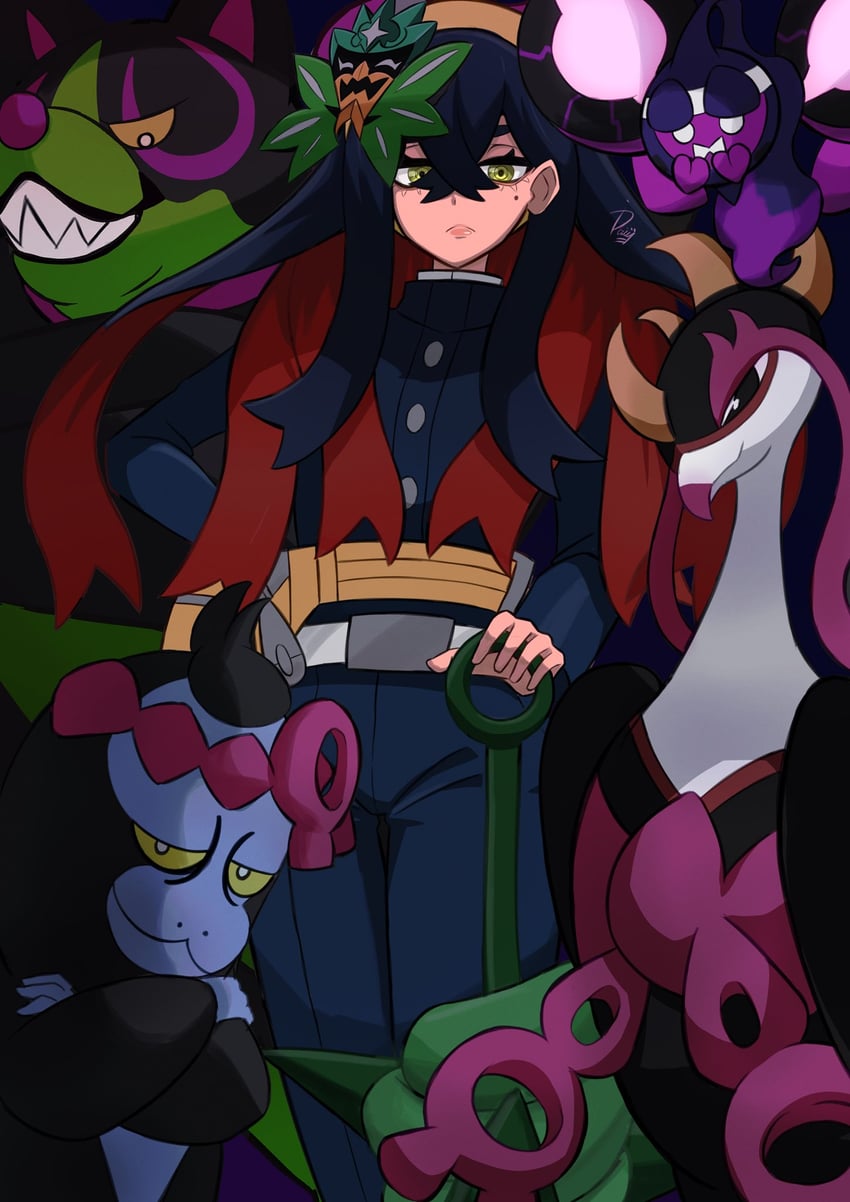 carmine, pecharunt, okidogi, fezandipiti, and munkidori (pokemon and 1 more) drawn by ida_(idalol490)