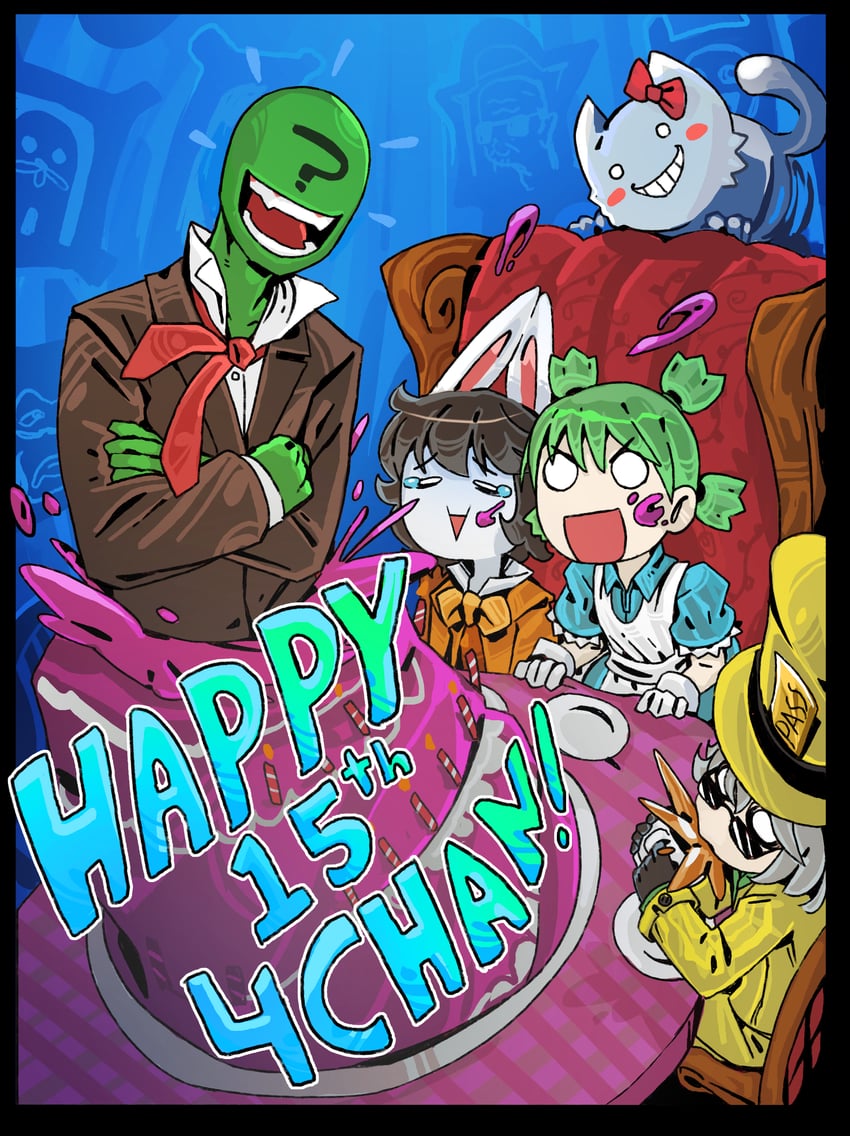alice, cheshire cat, koiwai yotsuba, mad hatter, anonymous, and 3 more (alice's adventures in wonderland and 3 more) drawn by ramenwarwok