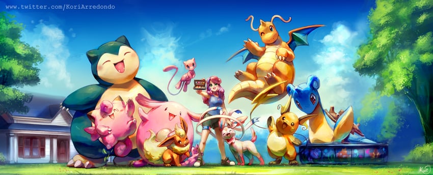 sylveon, flareon, mew, raichu, dragonite, and 6 more (pokemon and 2 more) drawn by koriarredondo