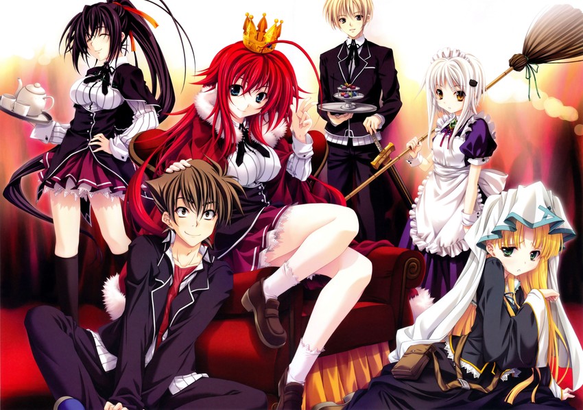 rias gremory, himejima akeno, toujou koneko, asia argento, hyoudou issei, and 1 more (high school dxd) drawn by miyama-zero