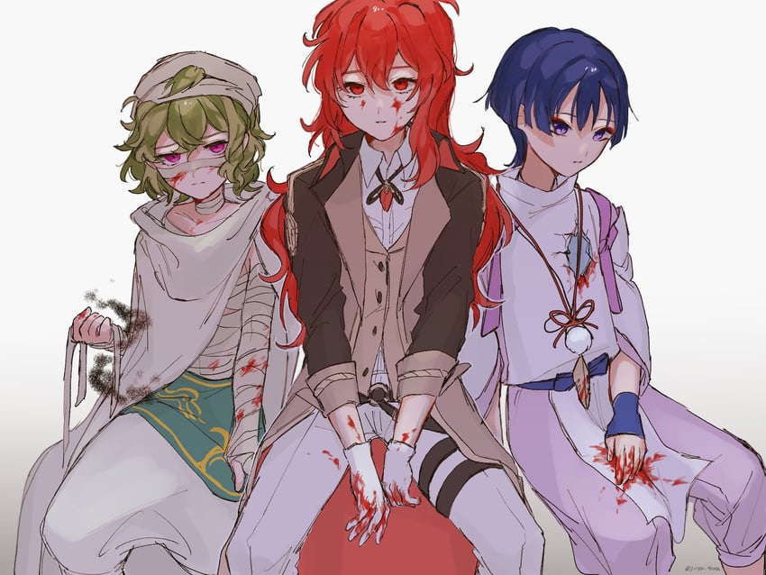 scaramouche, diluc, and collei (genshin impact) drawn by gnsn_tera