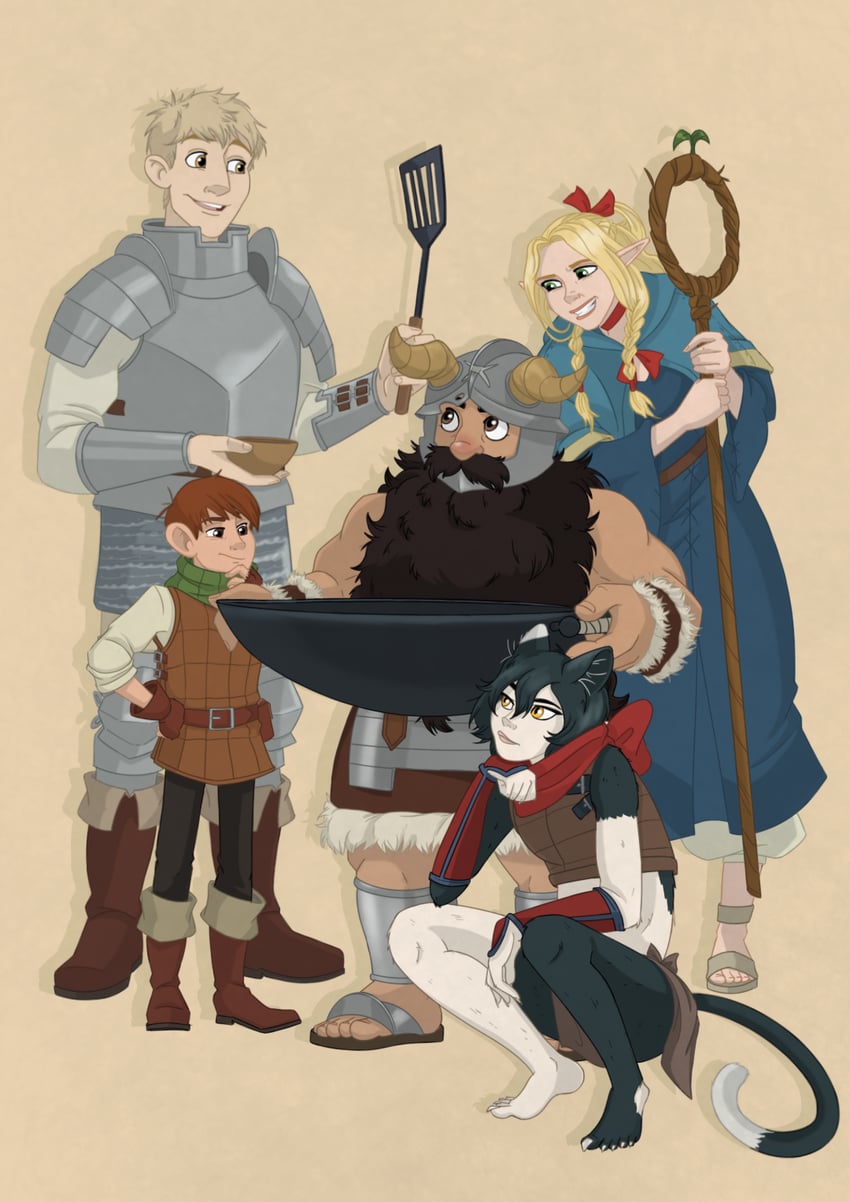 marcille donato, laios touden, senshi, chilchuck tims, and izutsumi (dungeon meshi) drawn by animeagan
