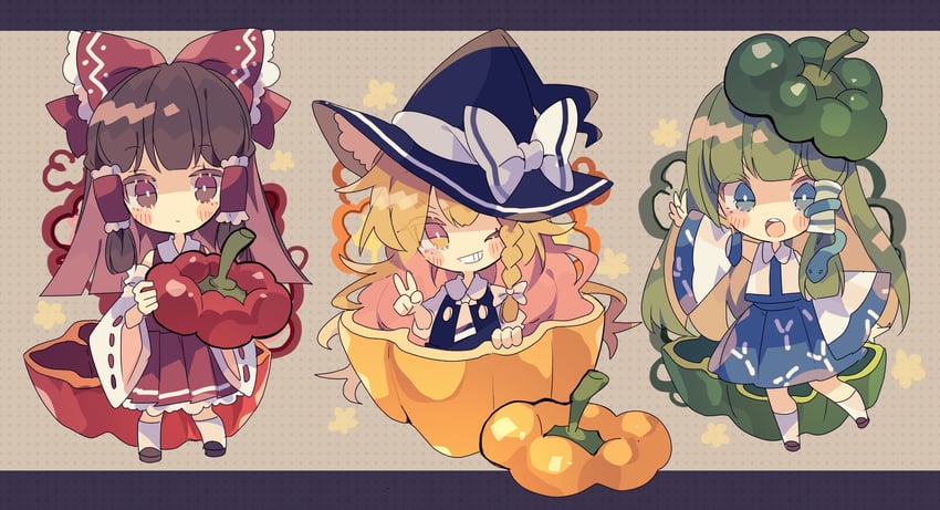 hakurei reimu, kirisame marisa, and kochiya sanae (touhou) drawn by nikorashi-ka