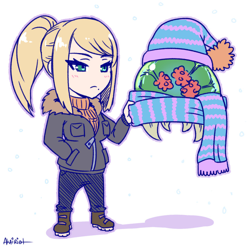 samus aran, metroid, and metroid larva (metroid) drawn by akairiot