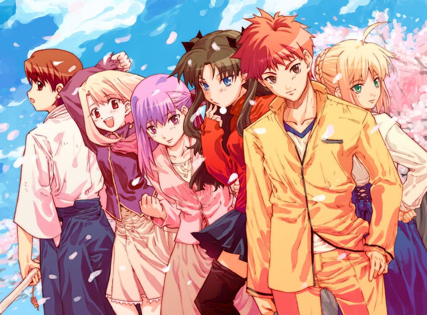 artoria pendragon, saber, tohsaka rin, illyasviel von einzbern, emiya shirou, and 2 more (fate and 1 more) drawn by fuzuki_yoshihiro