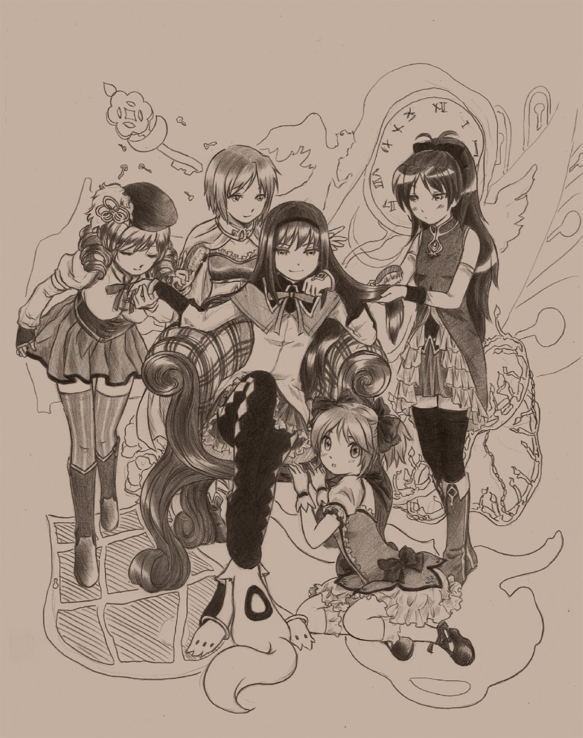 akemi homura, kaname madoka, miki sayaka, sakura kyoko, tomoe mami, and 1 more (mahou shoujo madoka magica) drawn by hikaru_(tanpopo1983)