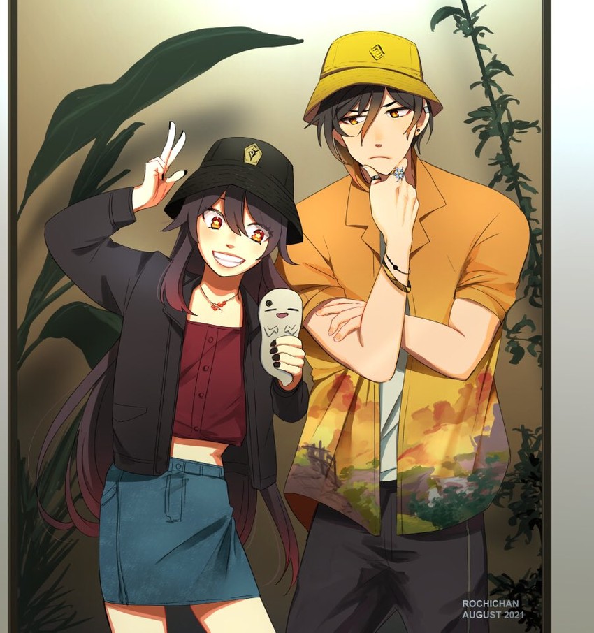 hu tao, zhongli, and boo tao (genshin impact) drawn by rochichan