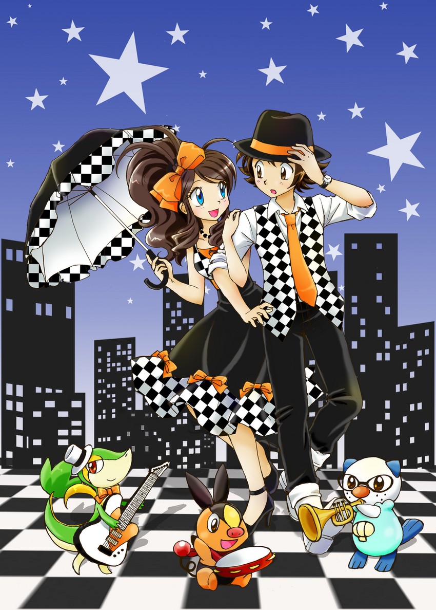 hilda, hilbert, oshawott, snivy, and tepig (pokemon and 2 more) drawn by chikorita85