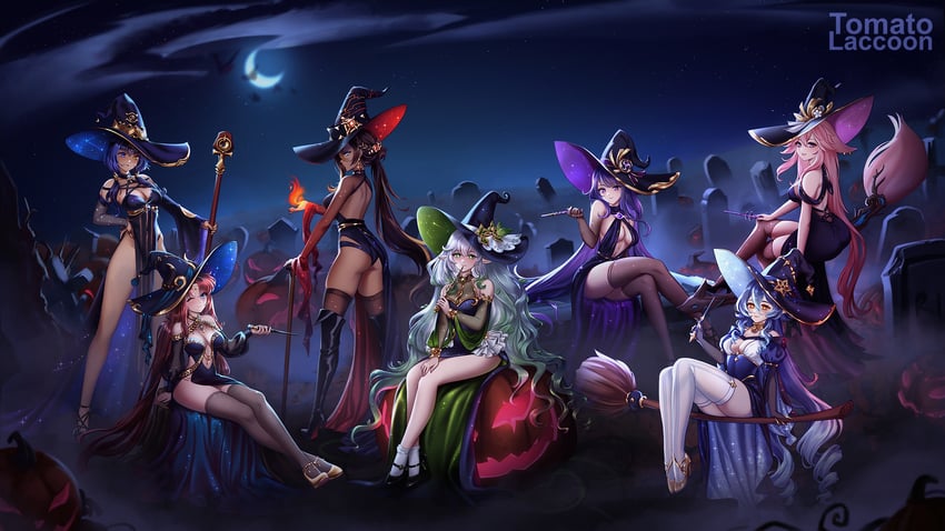 raiden shogun, yae miko, nilou, dehya, layla, and 2 more (genshin impact) drawn by tomatolaccoon