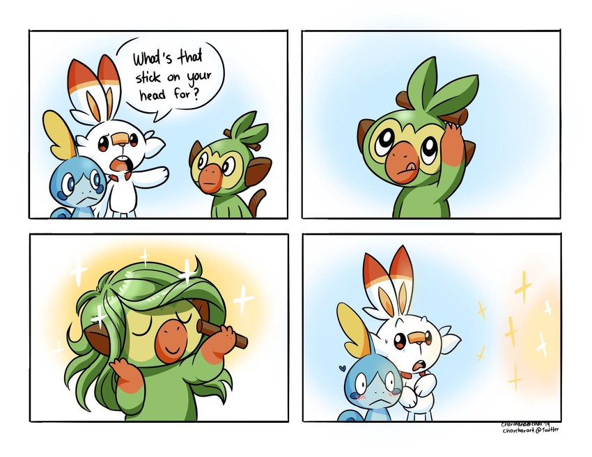 scorbunny, sobble, and grookey (pokemon) drawn by charcharart