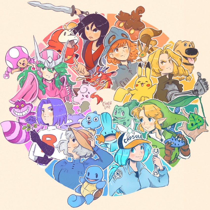 link, pikachu, bulbasaur, bulma, james, and 20 more (pokemon and 14 more) drawn by la_chocoline