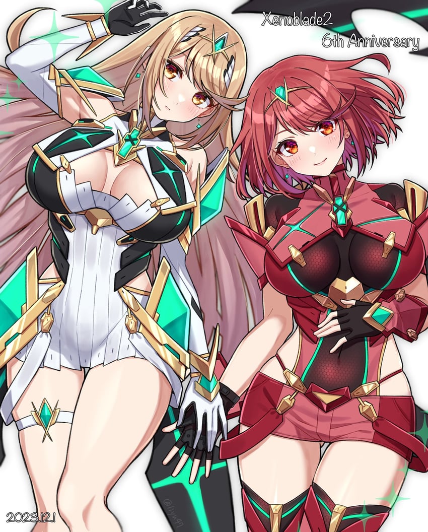 pyra and mythra (xenoblade chronicles and 1 more) drawn by shinae