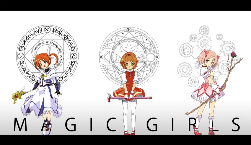 kaname madoka, takamachi nanoha, kinomoto sakura, and raising heart (mahou shoujo madoka magica and 4 more) drawn by untn1016