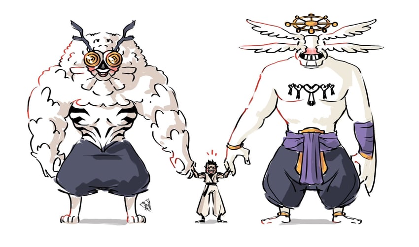 ryoumen sukuna, mahoraga, and chimera beast agito (jujutsu kaisen) drawn by yukitsukumother