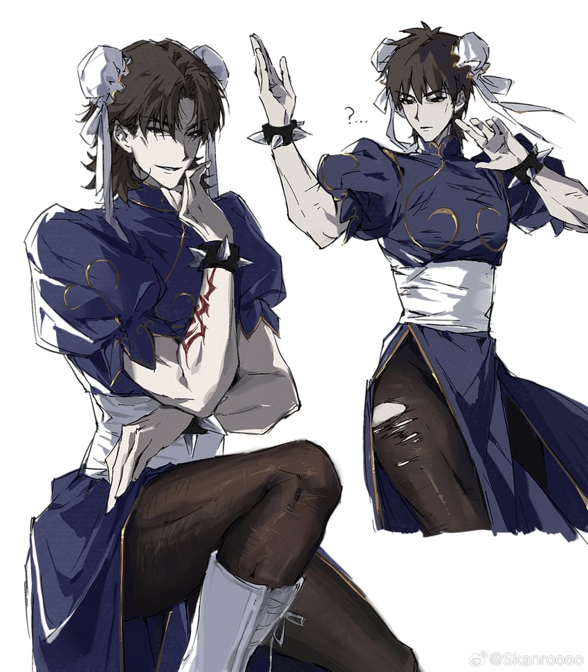 chun-li and kotomine kirei (fate and 3 more) drawn by skanroooo