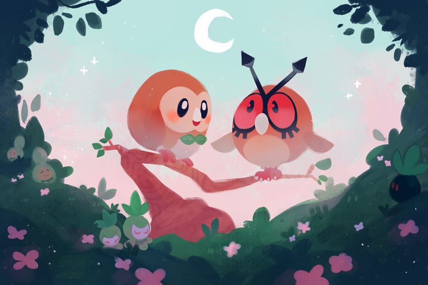 rowlet, oddish, budew, petilil, and hoothoot (pokemon) drawn by ieafy