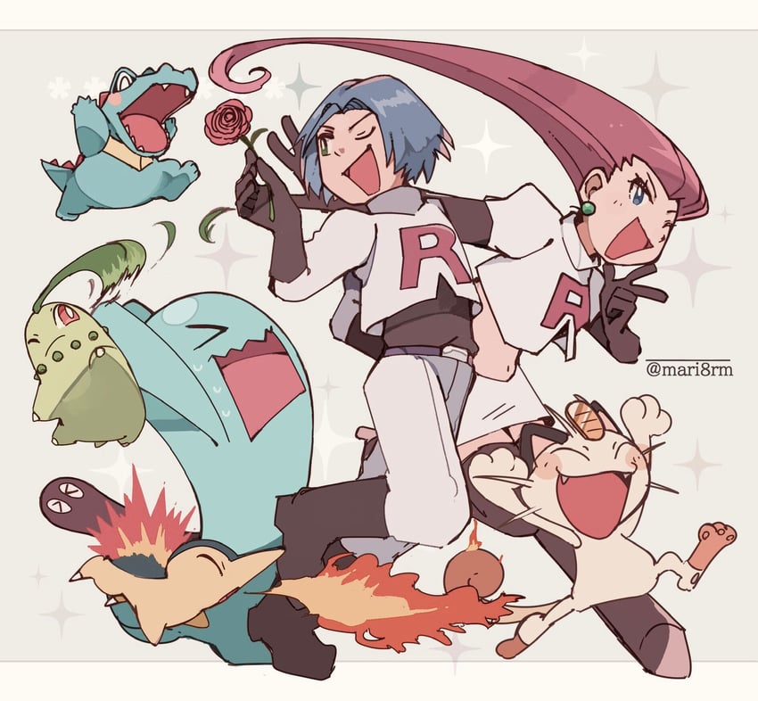 jessie, james, cyndaquil, meowth, chikorita, and 2 more (pokemon) drawn by yukikokoro