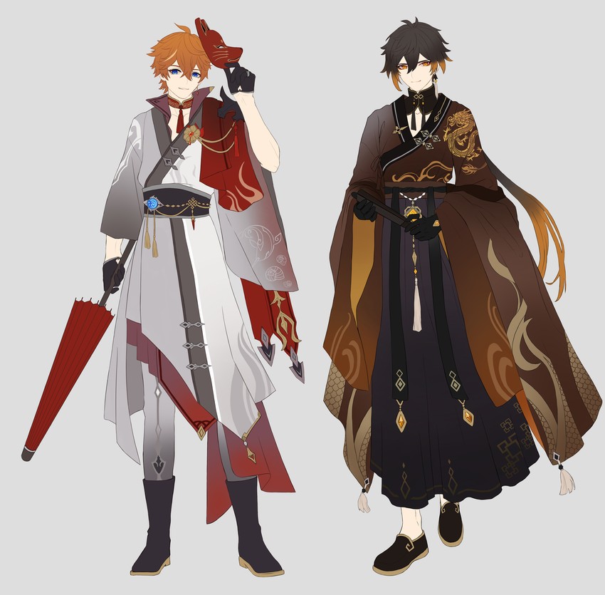 zhongli and tartaglia (genshin impact) drawn by gaikotsukiri
