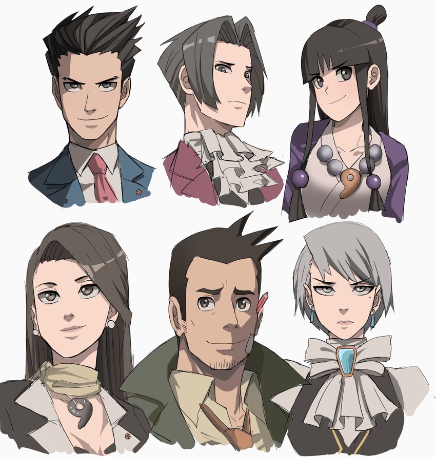 phoenix wright, miles edgeworth, maya fey, franziska von karma, dick gumshoe, and 1 more (ace attorney) drawn by jourd4n