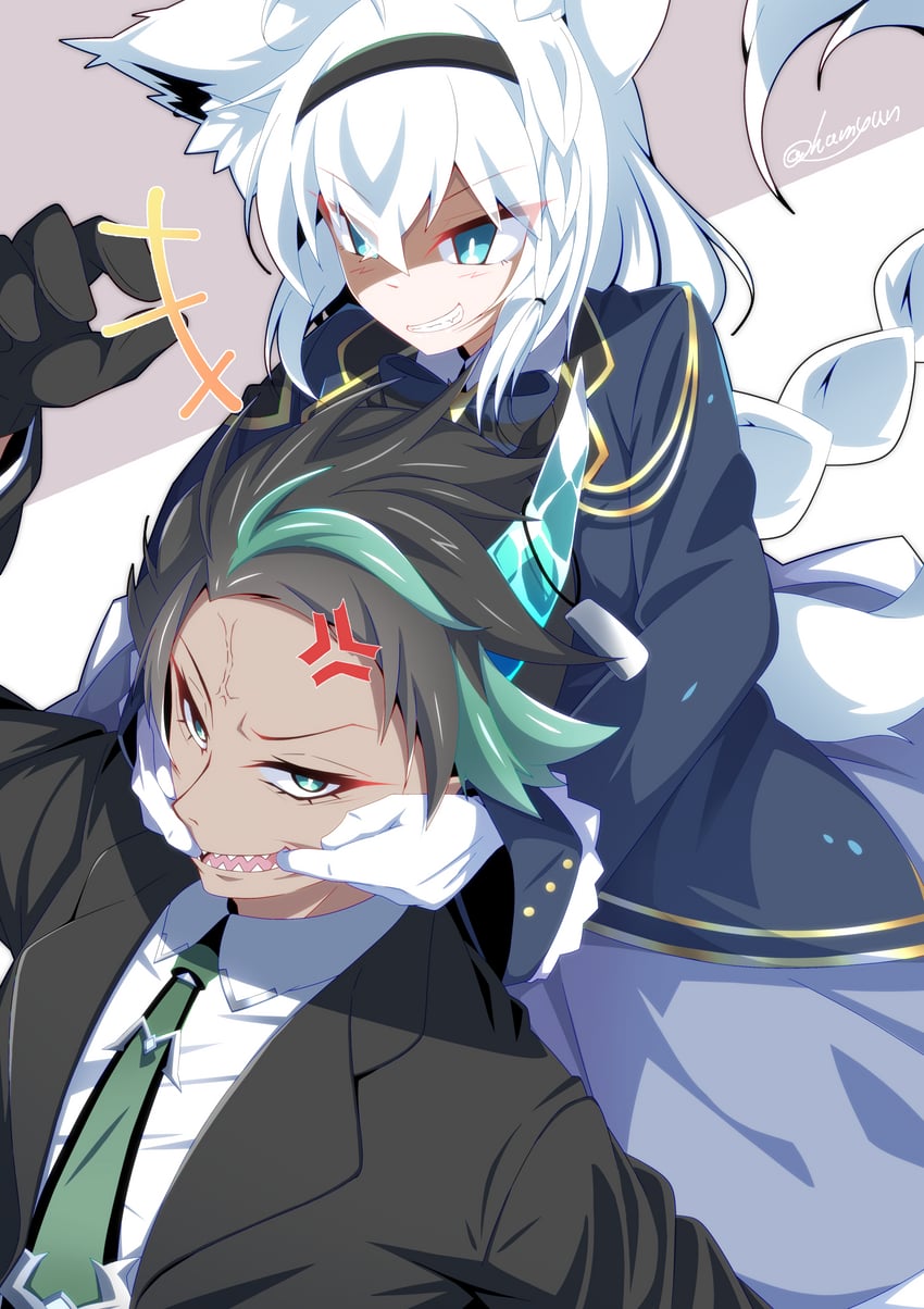 shirakami fubuki and aragami oga (hololive and 1 more) drawn by hamiyun