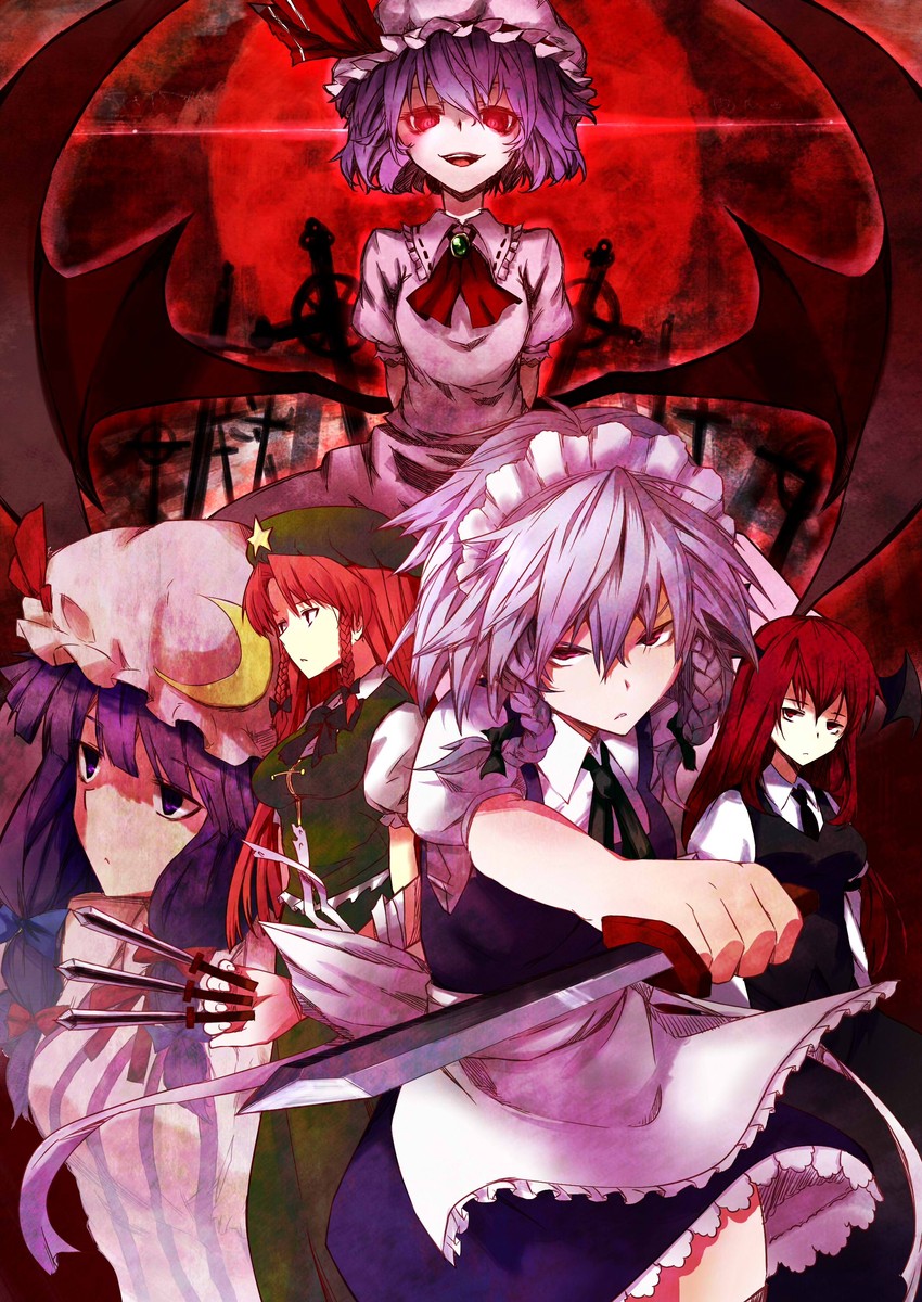 remilia scarlet, izayoi sakuya, patchouli knowledge, hong meiling, and koakuma (touhou and 1 more) drawn by kotonohanoko