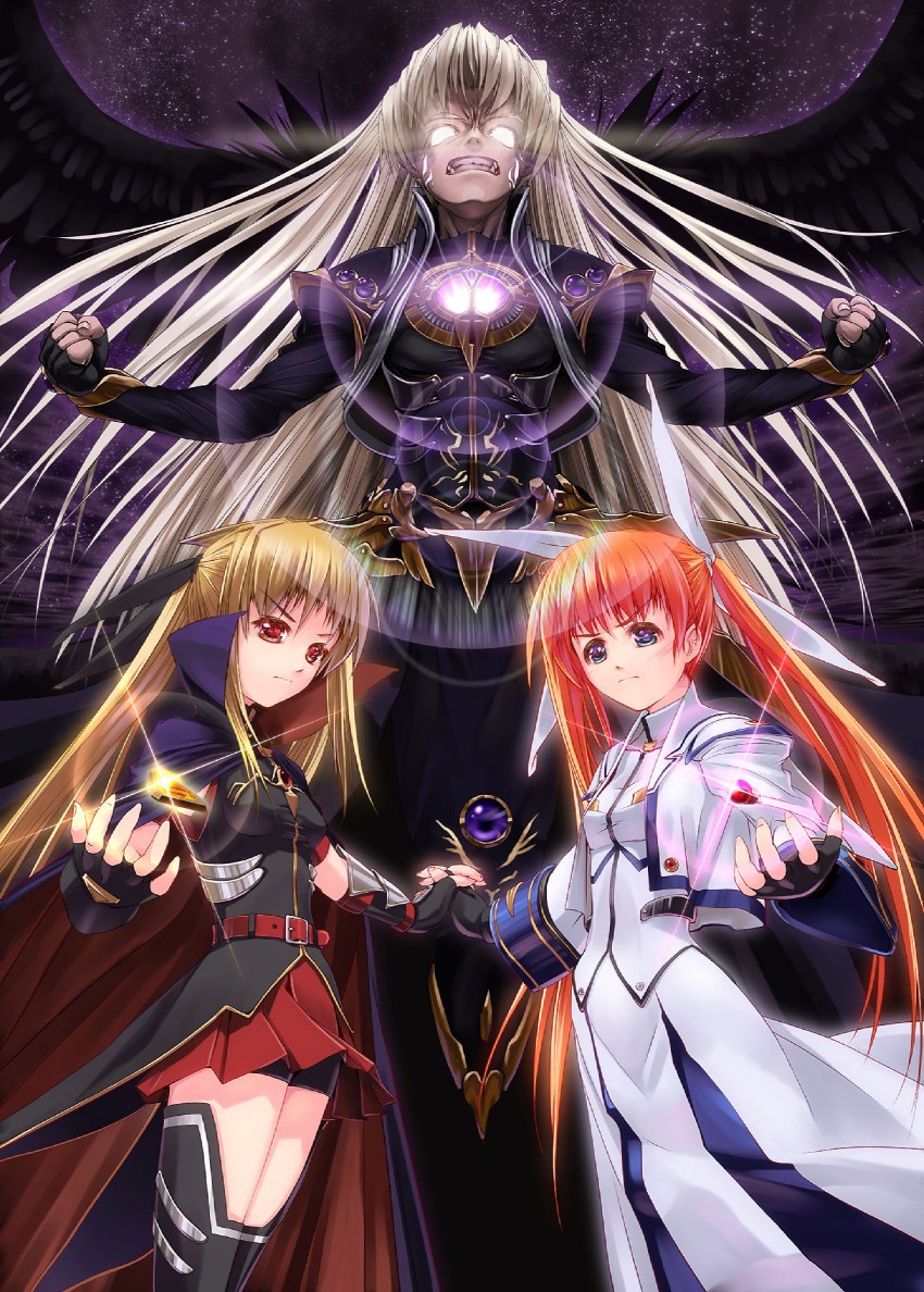 fate testarossa, takamachi nanoha, raising heart, bardiche, and reinforce (lyrical nanoha and 2 more) drawn by tom_(1art.)