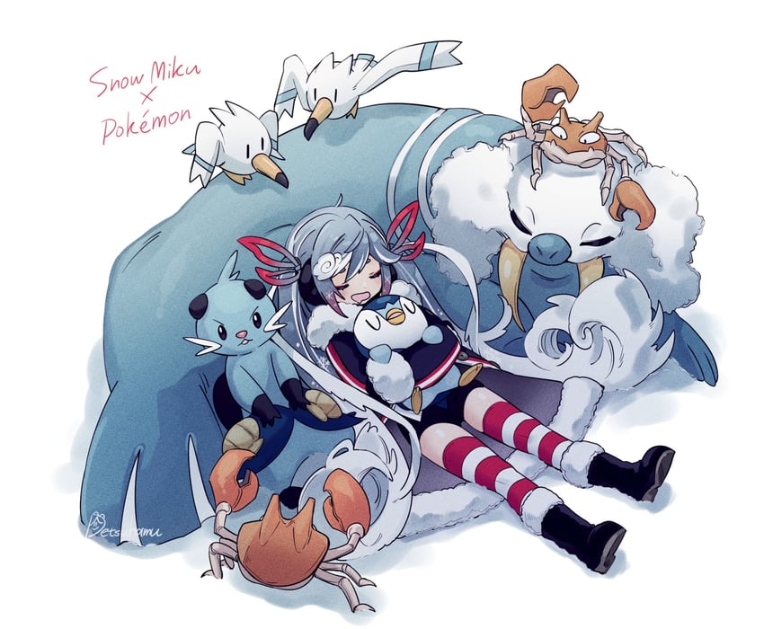 hatsune miku, yuki miku, piplup, wingull, dewott, and 2 more (pokemon and 1 more) drawn by hamudetsu