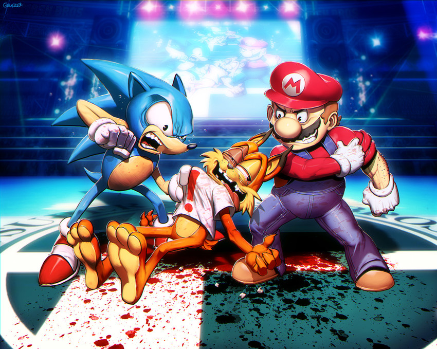 mario, sonic the hedgehog, and bubsy (mario and 3 more) drawn by genzoman