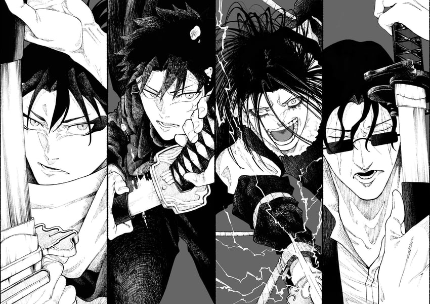 rokuhira chihiro, soujou genichi, samura seiichi, and uruha youji (kagurabachi) drawn by yamagata_(user_ymrx4758)