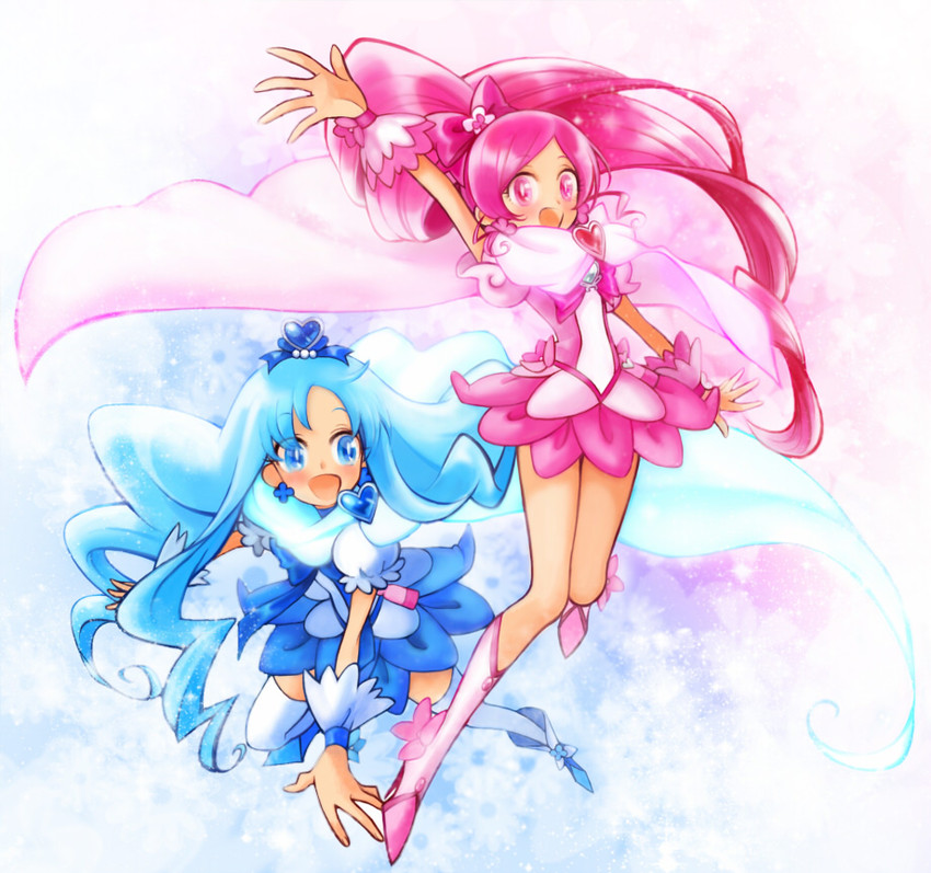 kurumi erika, hanasaki tsubomi, cure marine, and cure blossom (precure and 1 more) drawn by michi_ta_(masquerade)