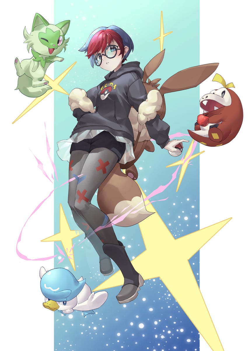 eevee, sprigatito, penny, fuecoco, and quaxly (pokemon and 1 more) drawn by erudite-sama