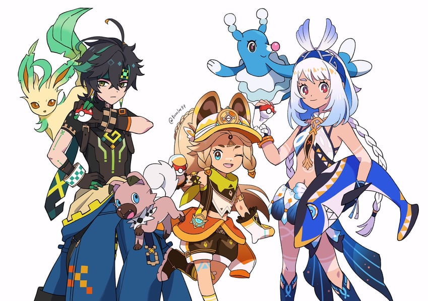 leafeon, mualani, kinich, kachina, rockruff, and 1 more (pokemon and 1 more) drawn by kuro_lee