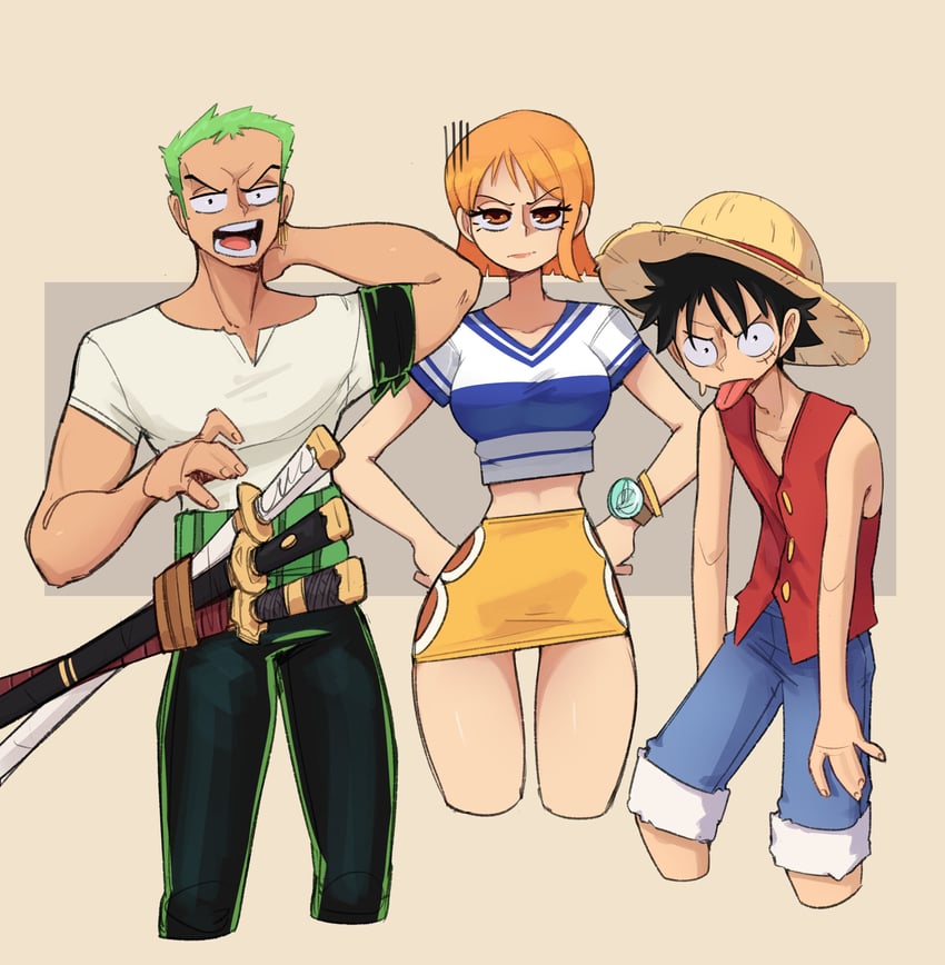 nami, monkey d. luffy, and roronoa zoro (one piece) drawn by dkajart