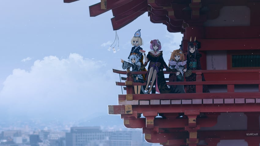 gawr gura, mori calliope, ninomae ina'nis, nanashi mumei, takanashi kiara, and 2 more (hololive and 1 more) drawn by advarcher