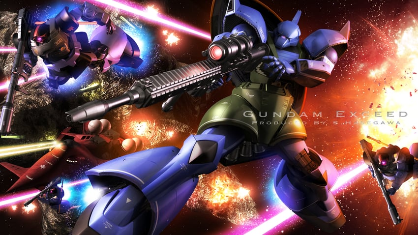 gelgoog, rick dom, and gwazine (gundam and 1 more) drawn by s.hasegawa