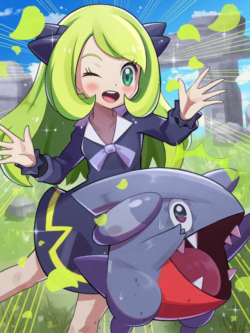 cynthia and gible (pokemon and 1 more) drawn by inana_umi