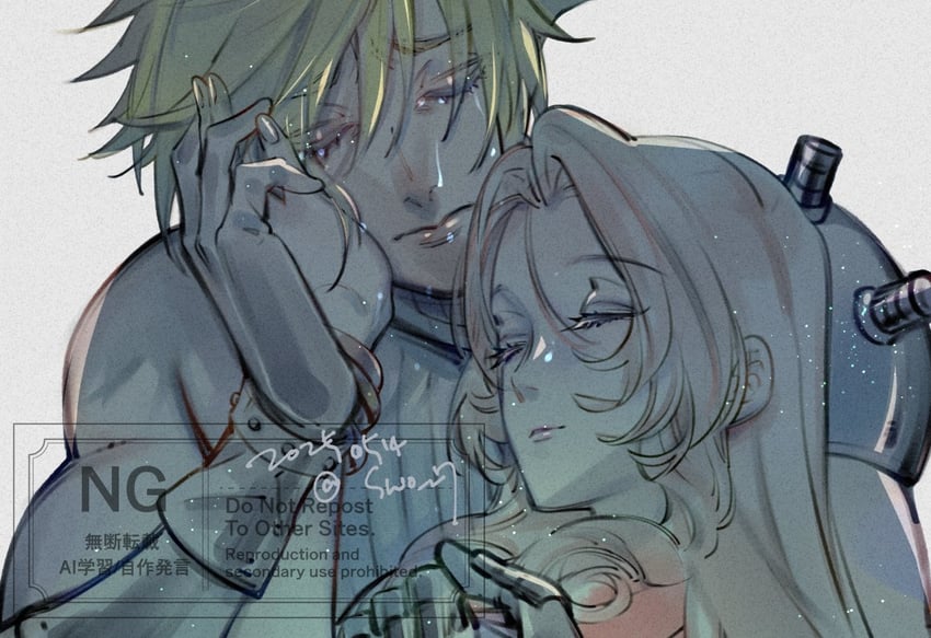 cloud strife and aerith gainsborough (final fantasy and 3 more) drawn by wakakusa-e