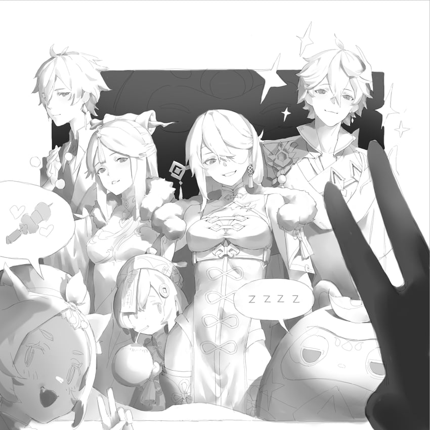 zhongli, tartaglia, qiqi, ningguang, beidou, and 2 more (genshin impact) drawn by nainainainainaiya