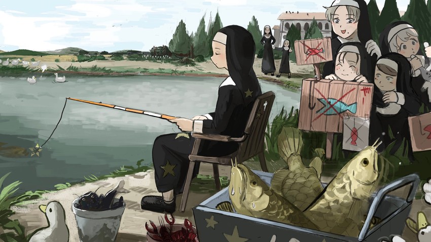 strict nun, star nun, smug nun, bunny nun, leaf nun, and 2 more (little nuns) drawn by diva_(hyxpk)