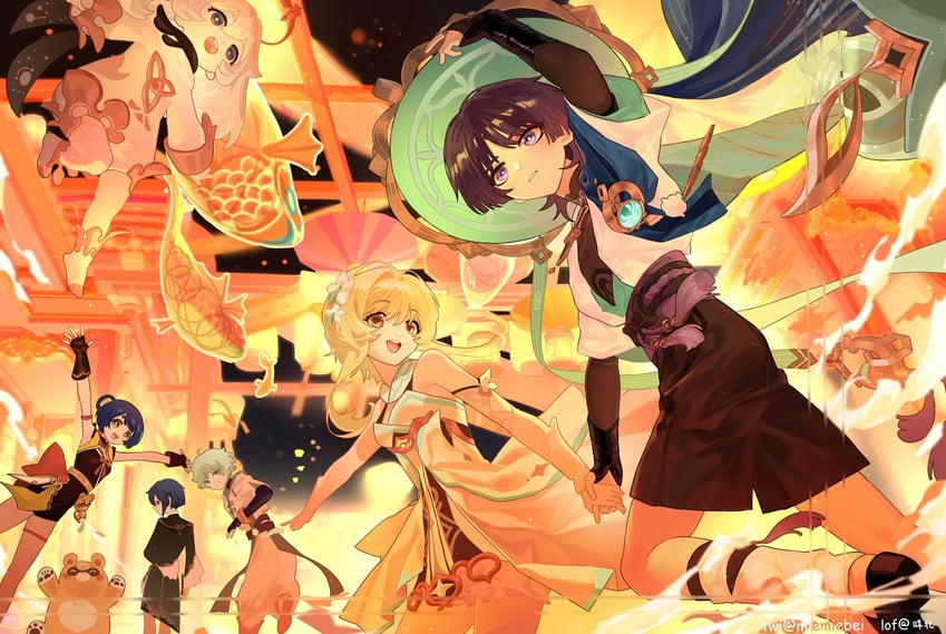 lumine, scaramouche, wanderer, paimon, xingqiu, and 3 more (genshin impact) drawn by miemiebei