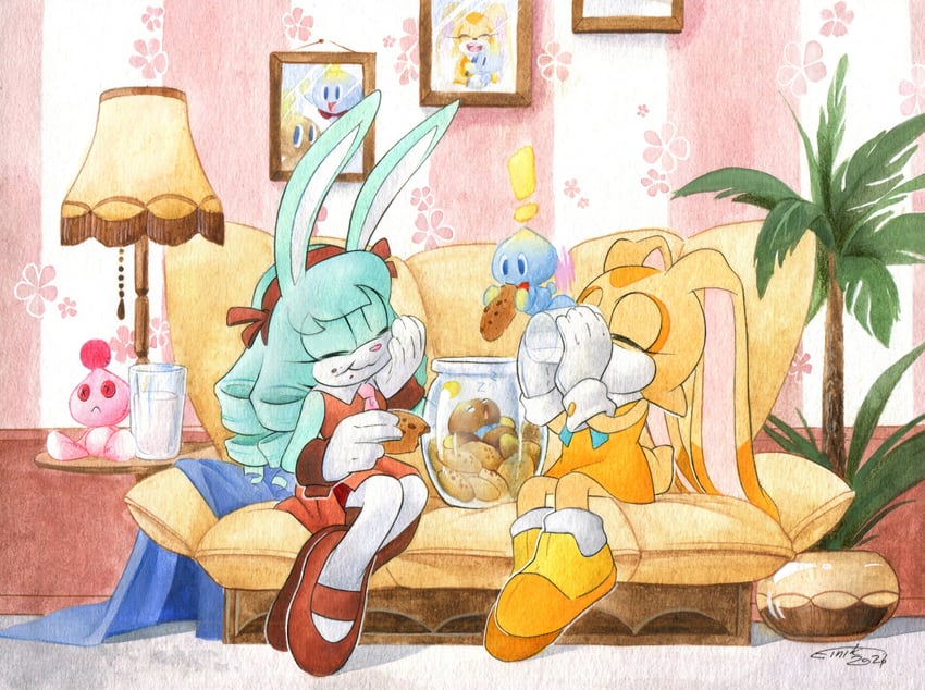 cream the rabbit, neutral chao, cheese, anya the rabbit, and chocola (original and 1 more) drawn by finik